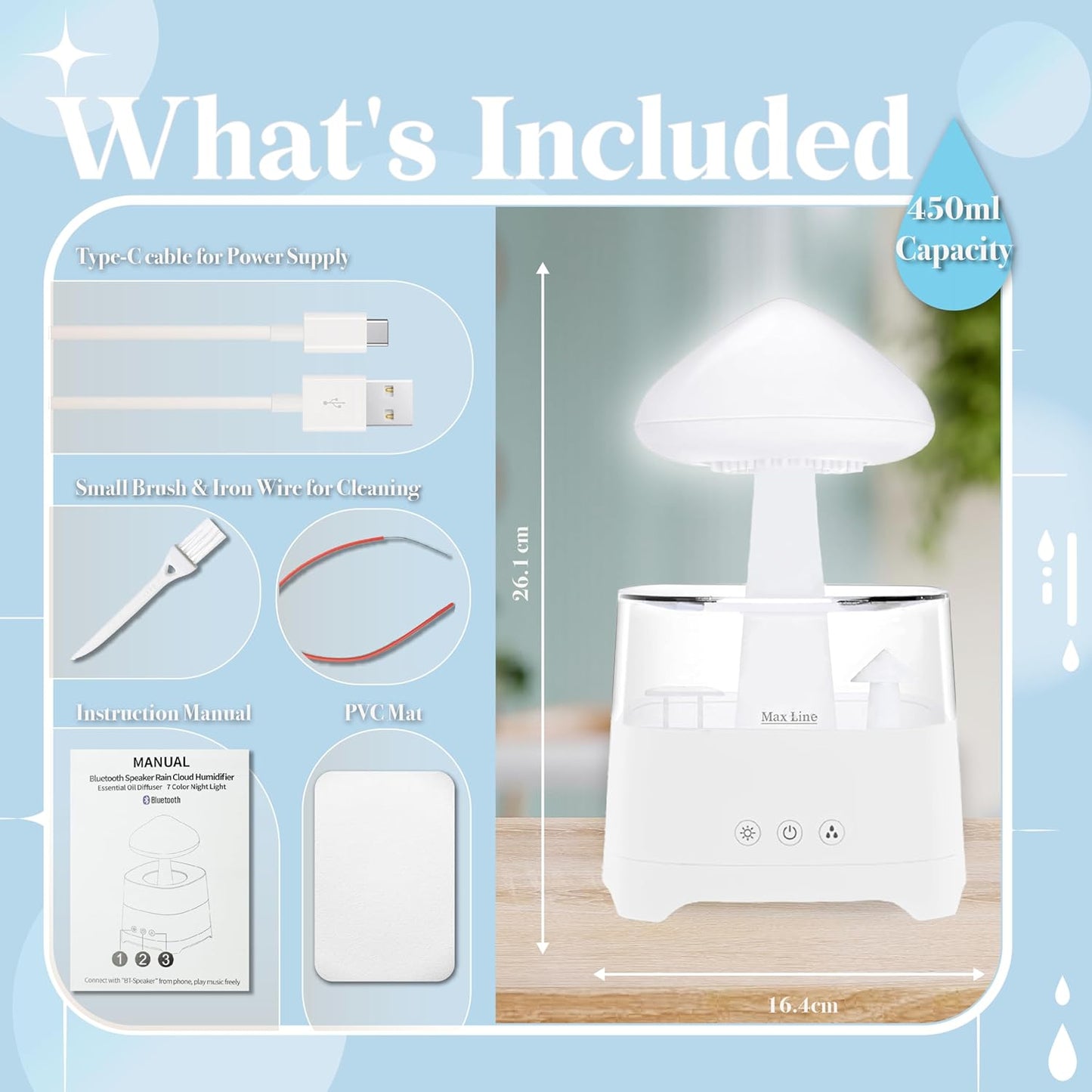 Rain Cloud Humidifier Water Drip Bluetooth Speaker, Mushroom Aromatherapy Essential Oils Diffuser with 7 LED Night Light - Gloomy Rainfall & Raindrops Relaxing Sound for Deep Sleep in Bedroom (White)